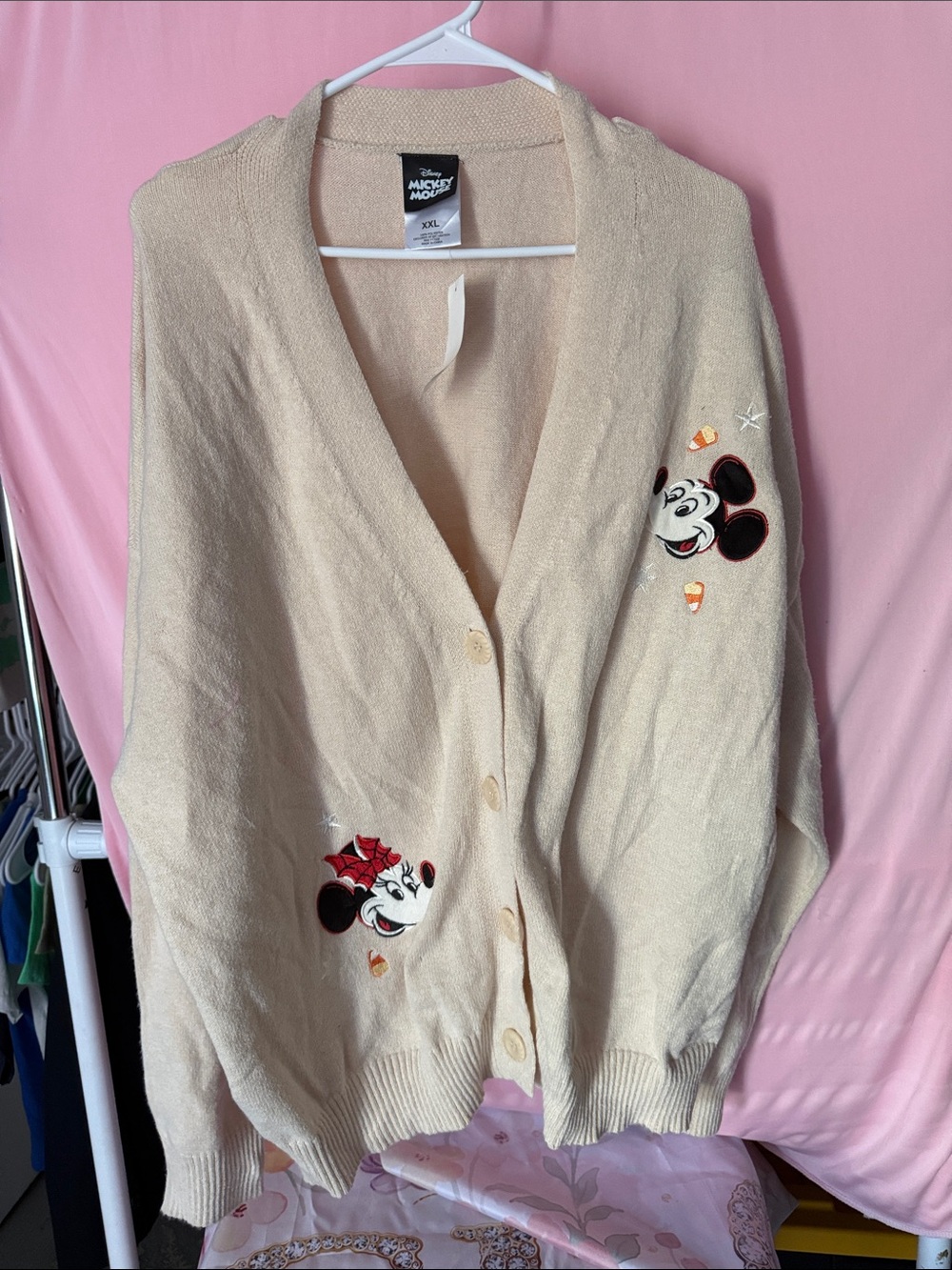 Disney Cream Cardigan Sweater with Mickey & Minnie Embroidery